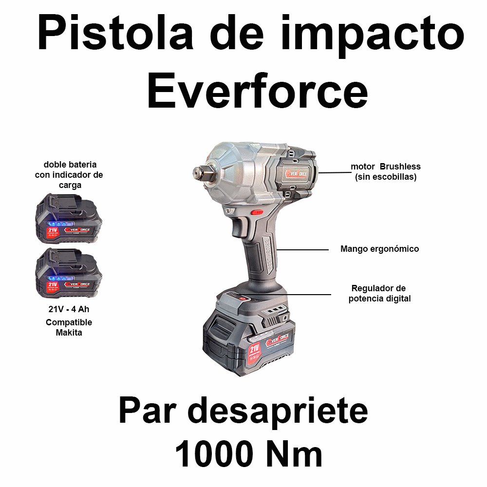 Pistola de impacto 1000 Nm doble batería Everforce